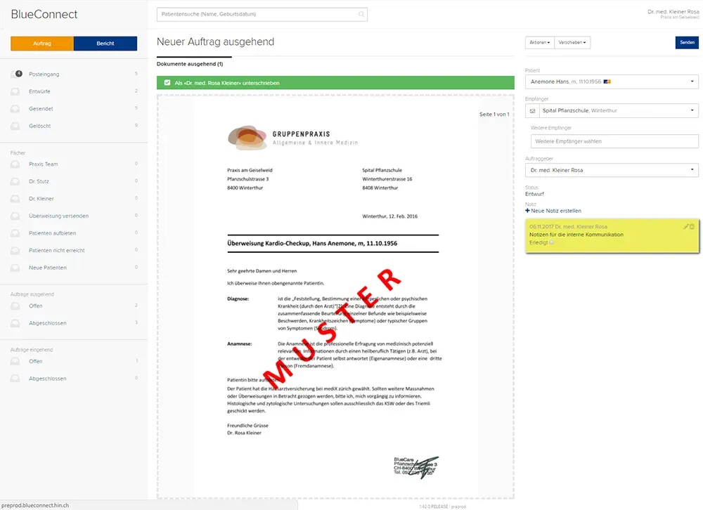 Screenshot Beispielansicht Überweisungsschreiben über BlueConnect