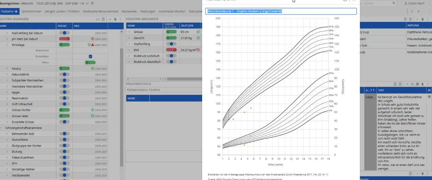 Screenshot des Arbeitsbereichs Pädiatrie und der Perzentilkurven in der vitomed Praxissoftware