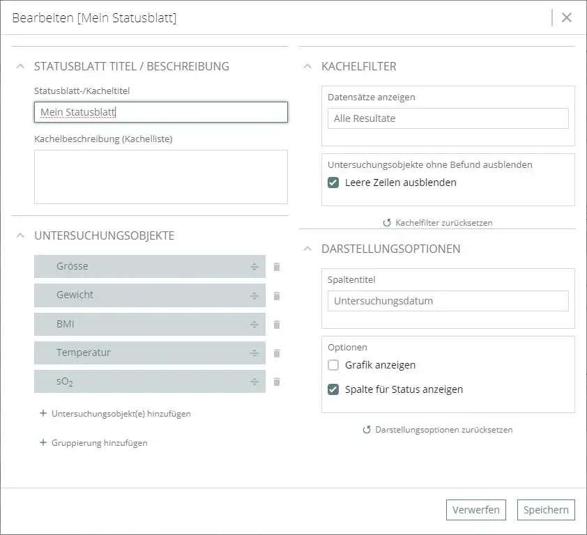 Screenshot der Konfigurationsmöglichkeit eigener Statusblätter in der vitomed Praxissoftware