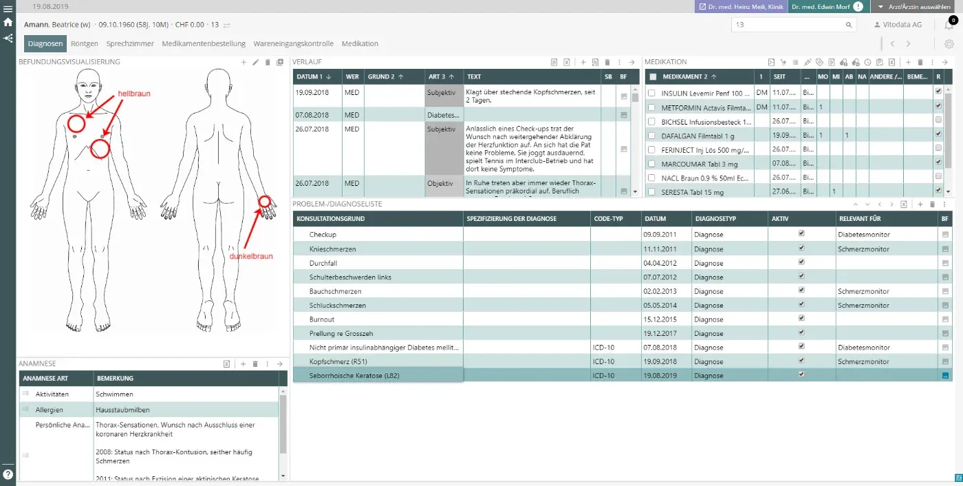 Screenshot aus vitomed Praxissoftware vom Arbeitsbereich «Diagnosen» mit den Kacheln «Befundungsvisualisierung» und «Problem-/Diagnoseliste»