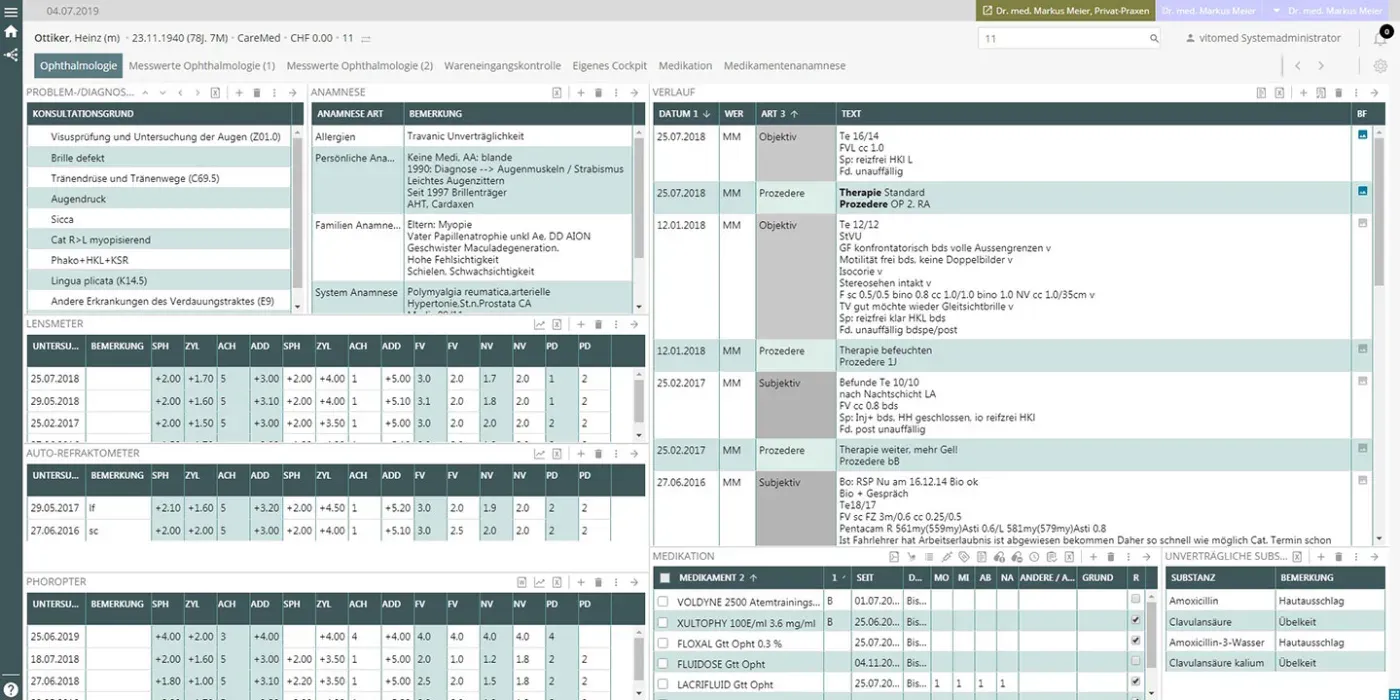 Screenshot aus der Praxissoftware vitomed: Messungen im Überblick – für die Augenheilkunde