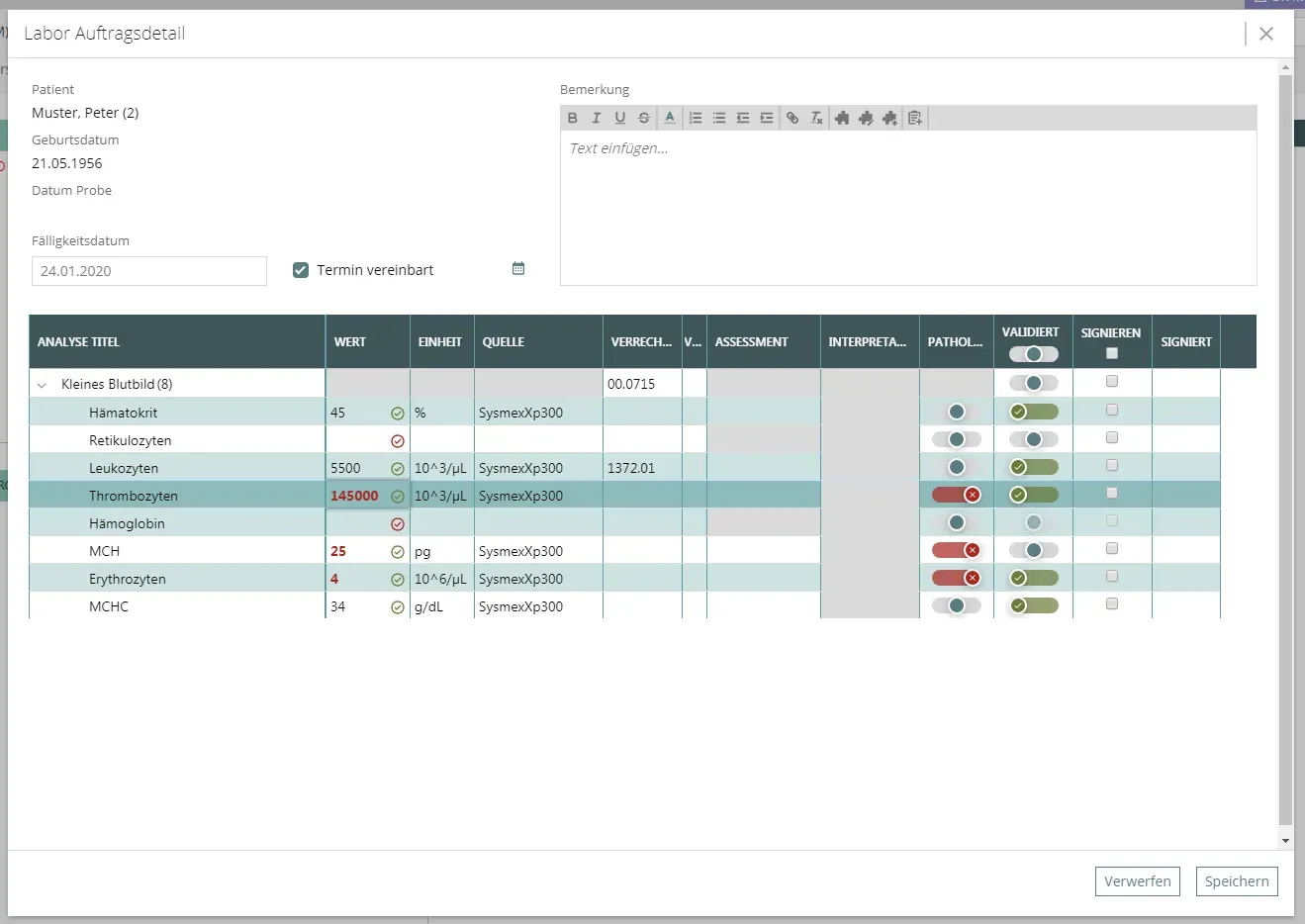 Screenshot aus der Praxissoftware vitomed mit der Ansicht der Laborauftragsdetails