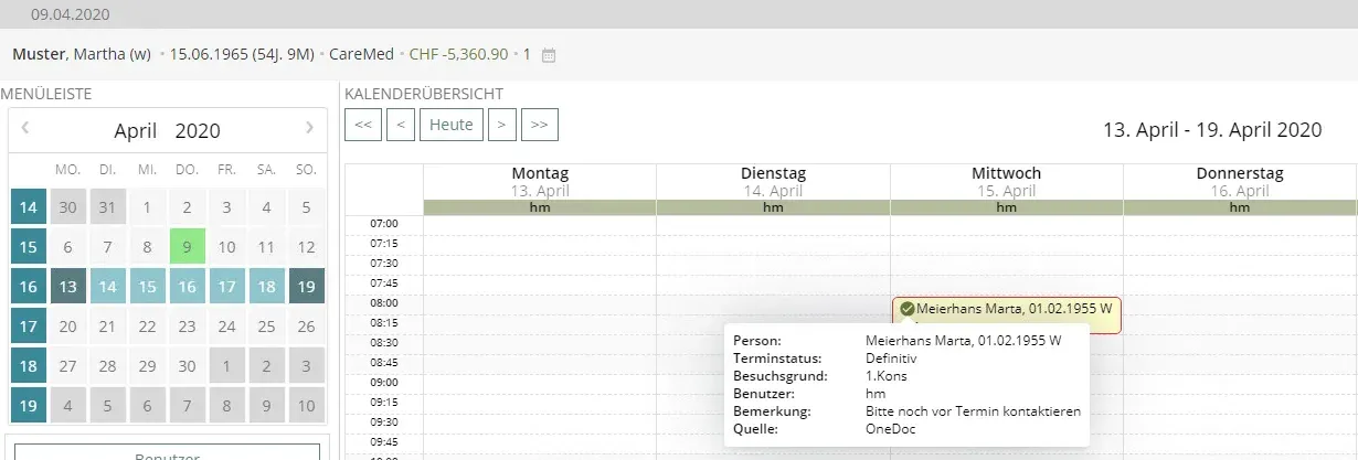 Screenshot der Agenda-Ansicht in der Praxissoftware vitomed