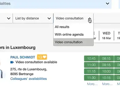 Screenshot aus dem Online-Buchungssystem Doctena – Dropdown-Menü der Konsultation