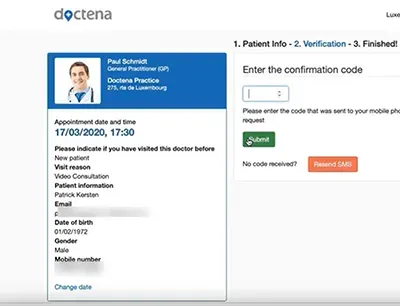 Screenshot aus dem Online-Buchungssystem Doctena: Verifikation mittels TAN-Verfahren