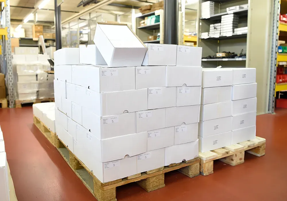 Kartons mit Rechnungsformularen in der Logistik der Vitodata AG