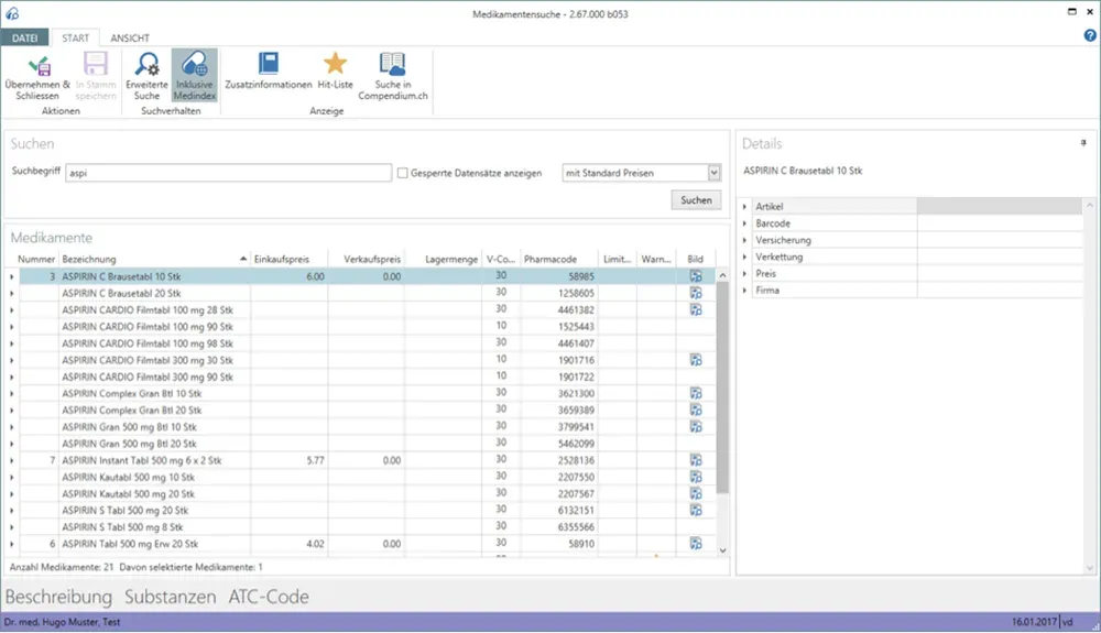 Screenshot aus vitomed Praxissoftware, Medindex Online Medikamentensuche