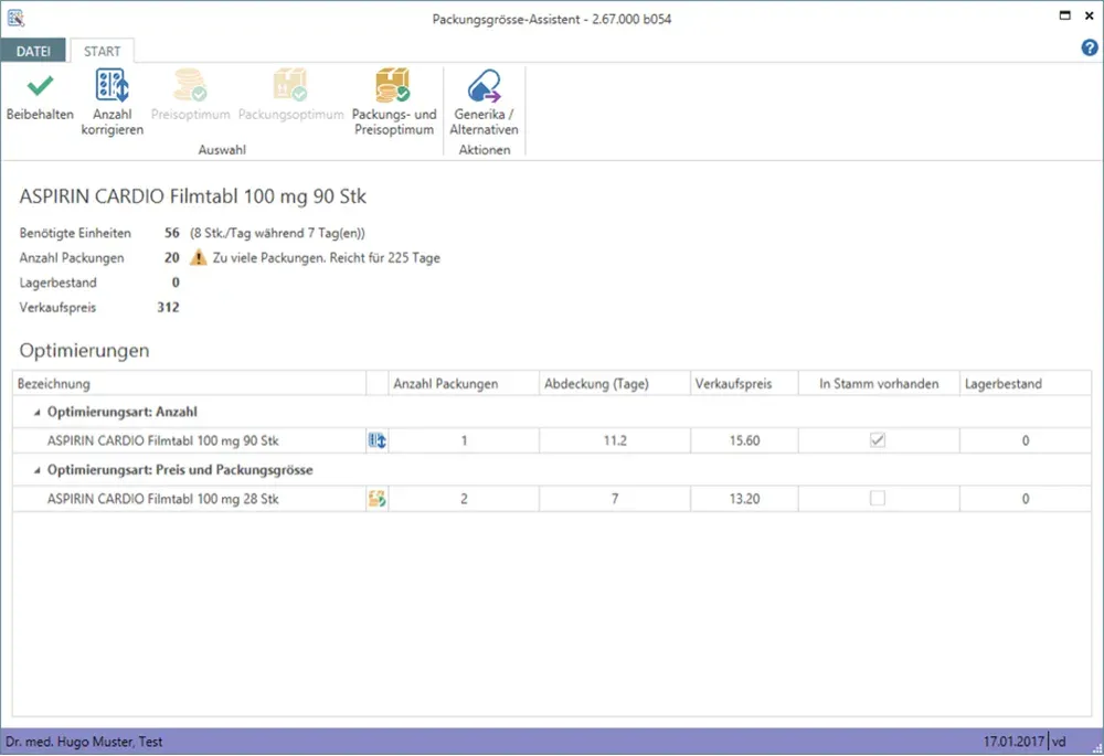 Screenshot aus der Praxissoftware vitomed, Medindex Online, Ansicht Packungsgrössenassistent
