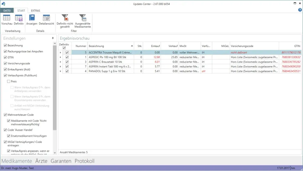 Screenshot aus vitomed Praxissoftware von der Ansicht Medindex Online Update Center
