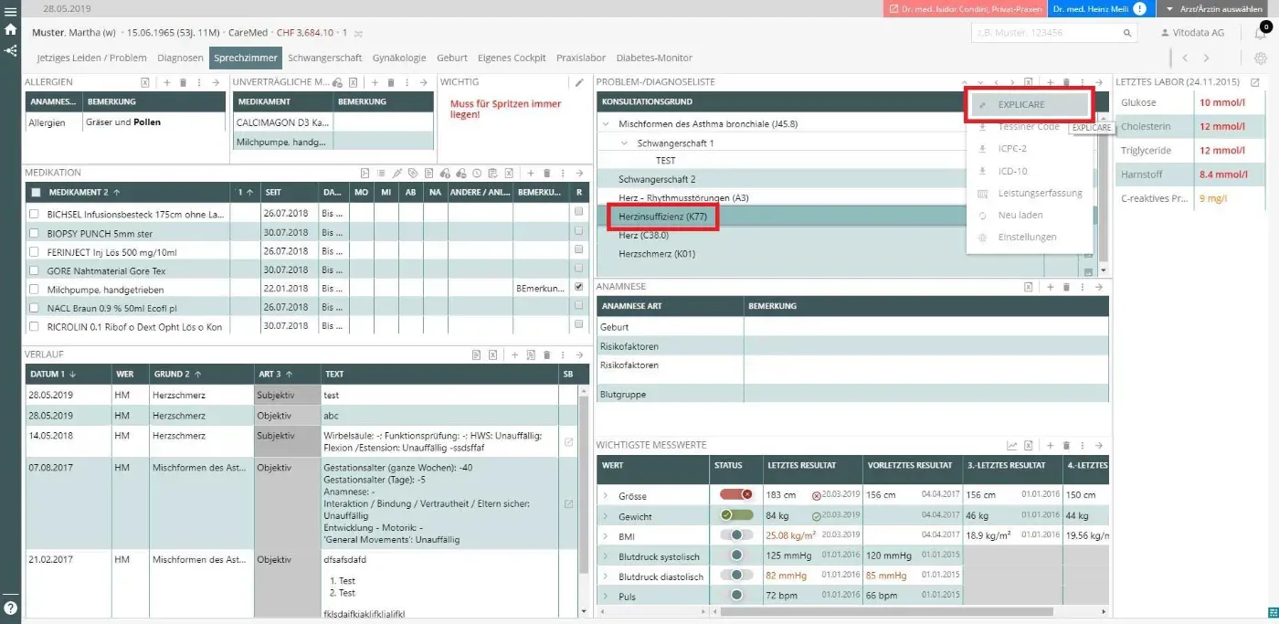 Screenshot aus vitomed Praxissoftware – Aufruf von Explicare