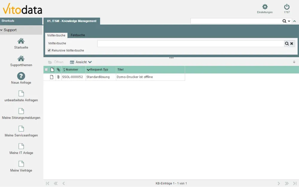 Screenshot aus der Vitodata Wissensdatenbank – Ansicht Häufig gestellte Fragen
