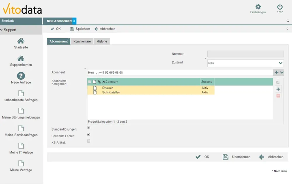 Screenshot aus der Vitodata Wissensdatenbank – Abonnement lösen