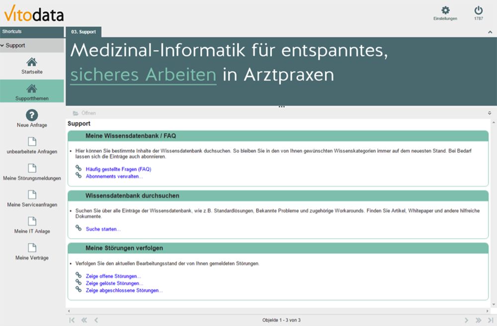 Screenshot aus der Vitodata Wissensdatenbank, Ansicht Rubrik «Supportthemen» enthält u.a. die Wissensdatenbank